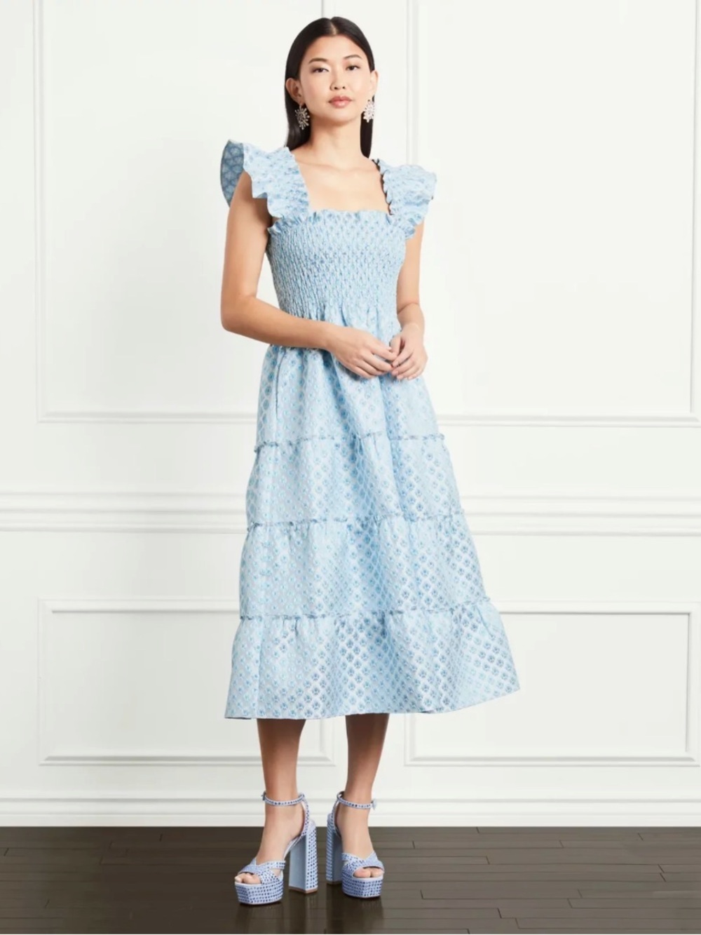 Hill House Home The Ellie Midi Nap Dress Snowflake Brocade Blue Smocked Size L